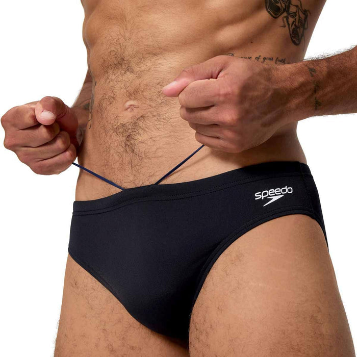 Speedo men's Endurance+ logo briefs in anthracite, 2.5-inch swimwear with elastic waistband and Speedo branding on the front.