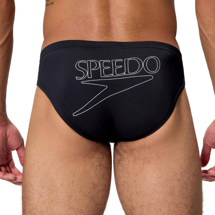 Speedo men's Endurance+ logo brief in anthracite, 2.5-inch swimwear with branding and a snug fit, designed for swimming.