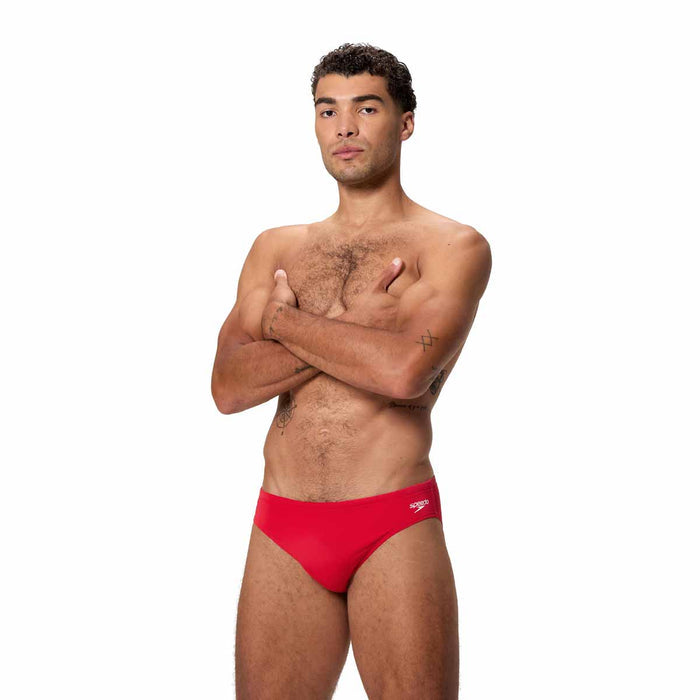 Speedo men's Endurance+ logo briefs in high risk red with 2.5-inch cut, featuring the Speedo logo on the front.