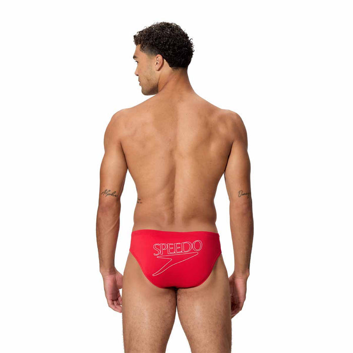 Speedo men's Endurance+ logo briefs in high risk red, 2.5-inch cut, made of durable swimwear fabric with Speedo branding.