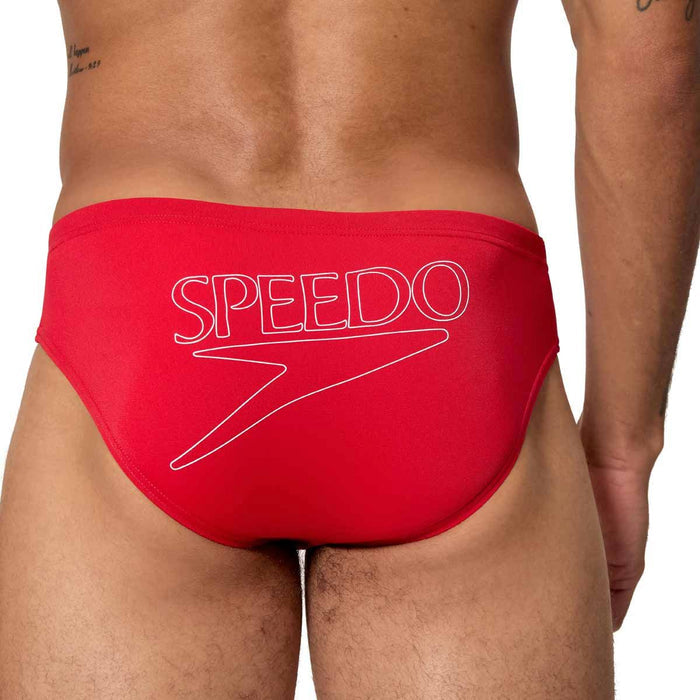 Speedo men's Endurance+ logo briefs in high risk red, 2.5-inch cut, featuring a sleek design and Speedo branding.
