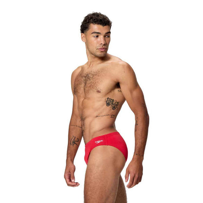 Speedo men's Endurance+ logo brief in high risk red, 2.5-inch cut, showing the red swim briefs with Speedo branding.