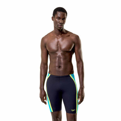 Speedo men's solid splice jammer in anthracite and hyper teal, featuring a sleek, fitted swimwear design for competitive swimming.