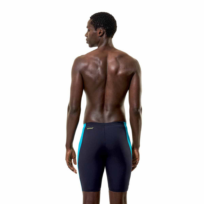 Speedo men's solid splice jammer in anthracite and hyper teal, featuring a sleek swimwear design with a snug fit for competitive swimming.