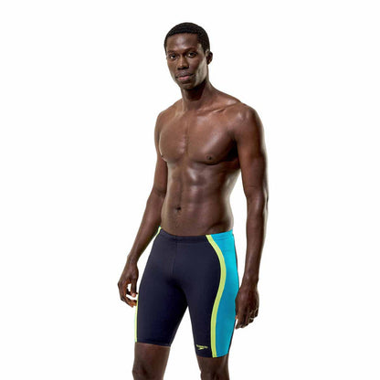 Speedo men's solid splice jammer in anthracite and hyper teal, featuring a sleek swimwear design with a snug fit.