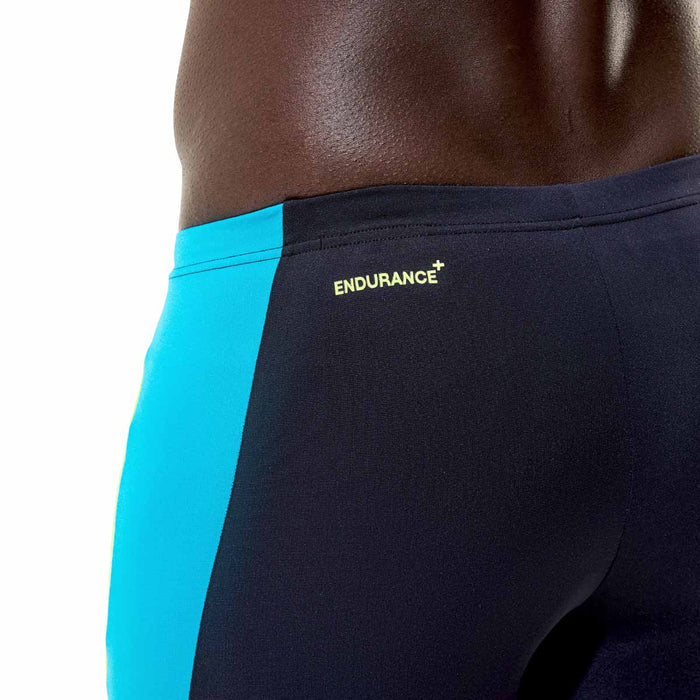 Speedo men's solid splice jammer in anthracite and hyper teal, featuring a sleek swimwear design with a snug fit for competitive swimming.