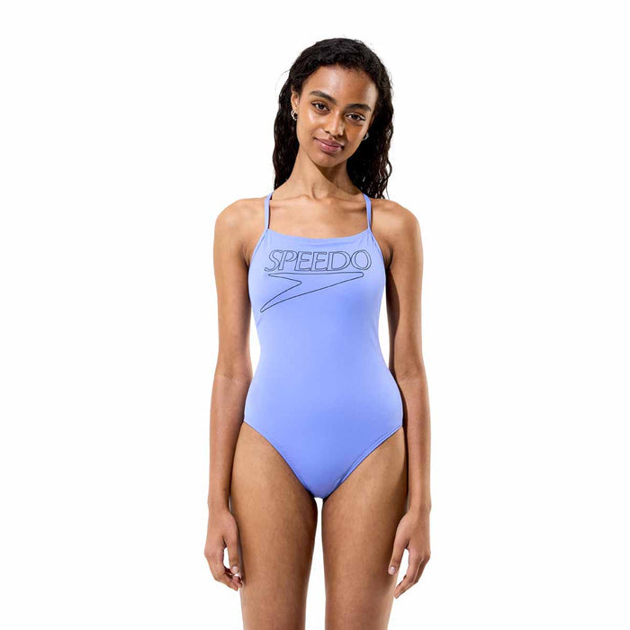 Speedo women's Endurance+ logo thin strap swimsuit in moonlight lavender, showing the sleek design and thin shoulder straps.