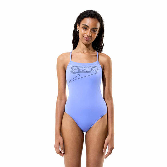 Speedo women's Endurance+ logo thin strap swimsuit in moonlight lavender, showing the sleek design and thin shoulder straps.
