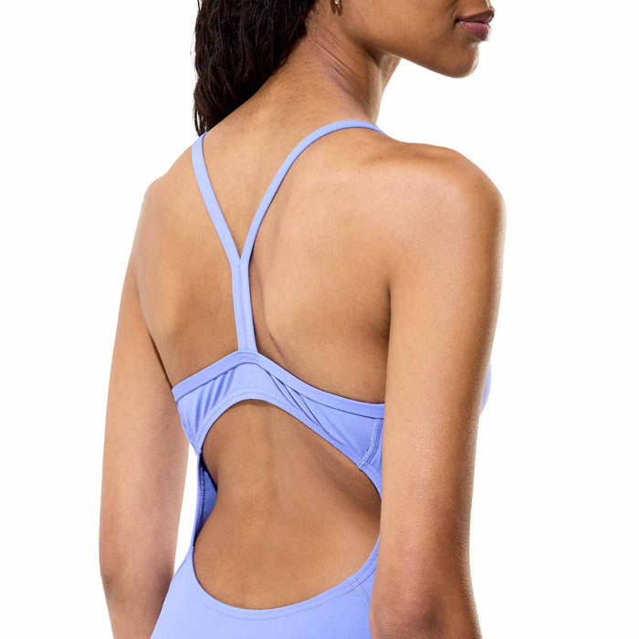 Speedo women's Endurance+ logo thin strap swimsuit in moonlight lavender, featuring a sleek design and thin shoulder straps.