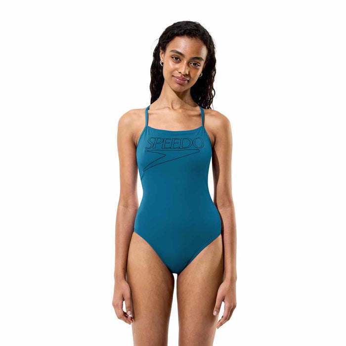 Speedo Women's Endurance+ Logo thin strap teal swimsuit showing sleek design and sporty fit on a model.