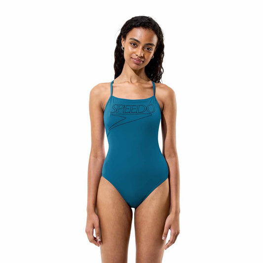 Speedo Women's Endurance+ Logo thin strap teal swimsuit showing sleek design and sporty fit on a model.