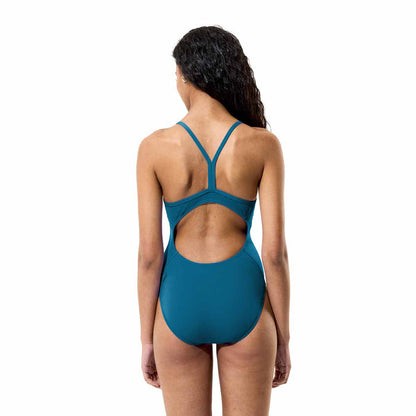 Speedo women's Endurance+ logo teal abyss swimsuit with thin straps, designed for comfortable and durable swimwear.