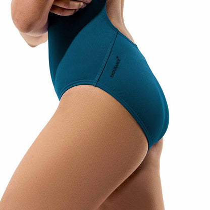 Speedo Women's Endurance+ Logo Thin Strap Swimsuit in Teal Abyss, featuring sleek design and thin shoulder straps.