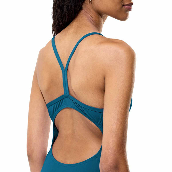 Speedo Women's Endurance+ Logo Teal Abyss Thin Strap Swimsuit, featuring a sleek design and logo detail on the teal swimsuit.