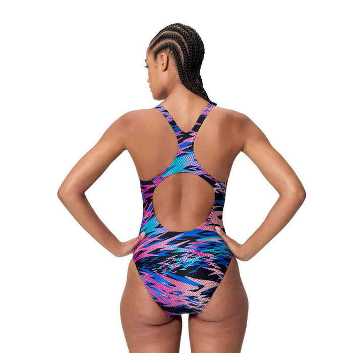 Speedo women's HyperBoom Print Medalist swimsuit in black and pink with a vibrant abstract pattern.