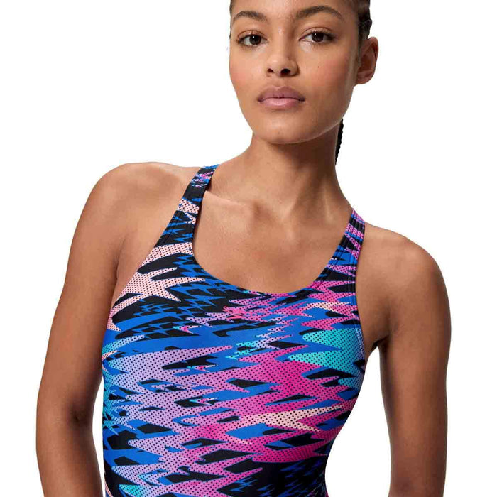 Speedo women's HyperBoom print Medalist swimsuit in black and pink, featuring a sleek design and supportive fit.