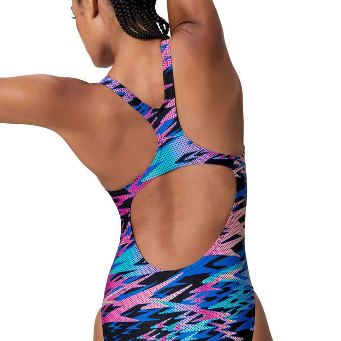 Speedo women's HyperBoom print Medalist swimsuit in black and pink with a sleek, sporty design for swimming and training.