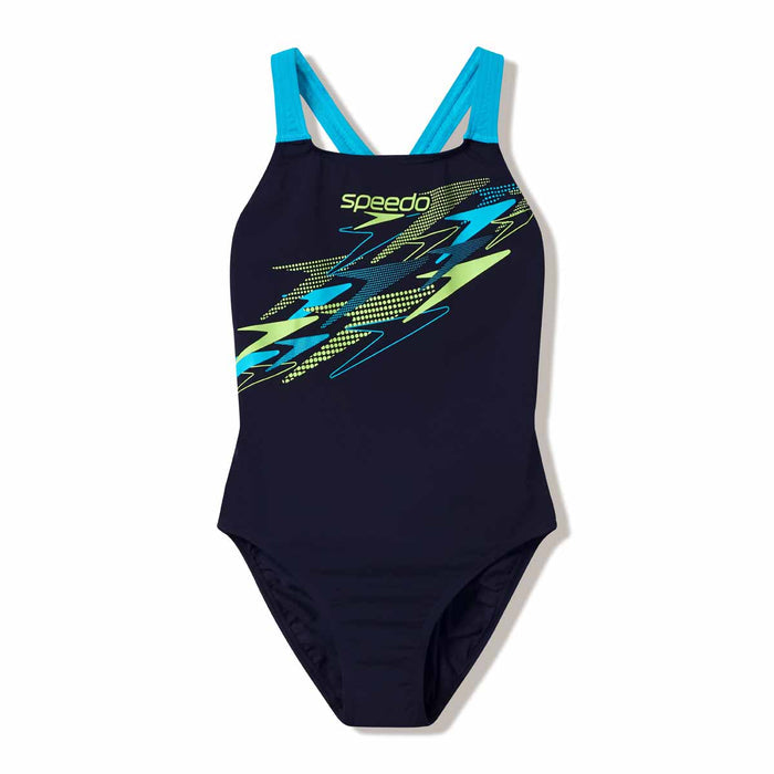 Speedo women's Medley Logo Medalist swimsuit in hyper teal and citrus green, featuring a sleek design and logo detail.