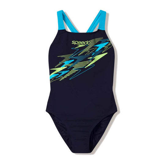 Speedo women's Medley Logo Medalist swimsuit in hyper teal and citrus green, featuring a sleek design and logo detail.
