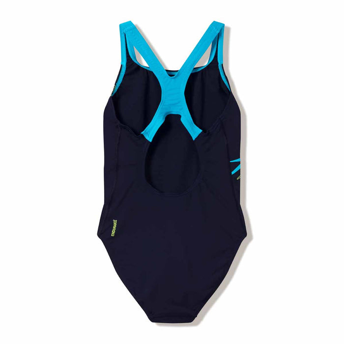 Speedo women's Medley Logo Medalist swimsuit in Hyper Teal and Citrus Green, featuring a sleek design and supportive fit.