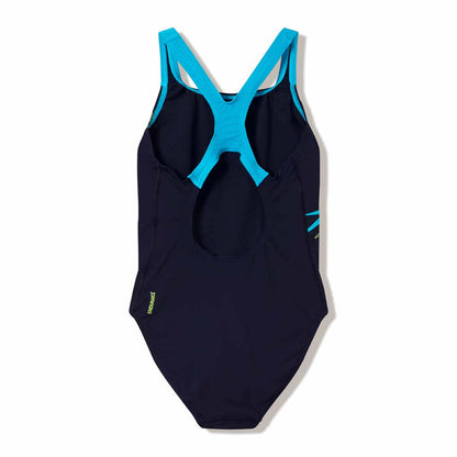 Speedo women's Medley Logo Medalist swimsuit in Hyper Teal and Citrus Green, featuring a sleek design and supportive fit.