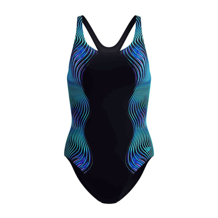 Speedo women's print Medalist swimsuit in anthracite grey, featuring a stylish design and comfortable fit for swimming.