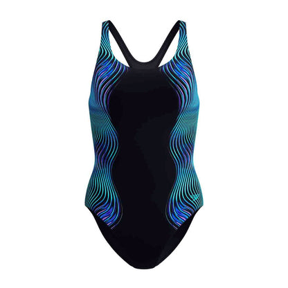 Speedo women's print Medalist swimsuit in anthracite grey, featuring a stylish design and comfortable fit for swimming.