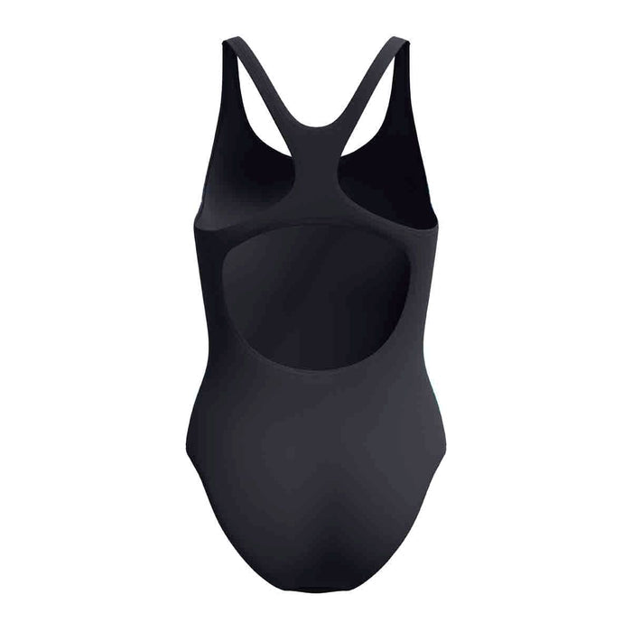 Speedo women's print Medalist swimsuit in anthracite grey with colorful pattern, designed for comfortable swimming.