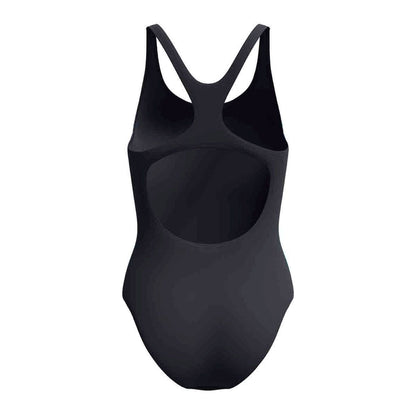 Speedo women's print Medalist swimsuit in anthracite grey with colorful pattern, designed for comfortable swimming.