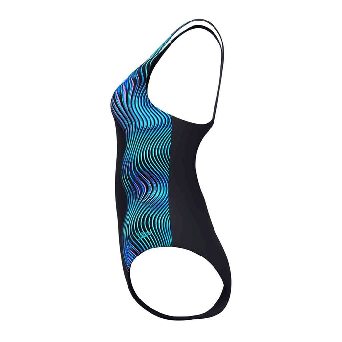 Speedo women's print Medalist swimsuit in anthracite grey, featuring a stylish design and comfortable fit for swimming.