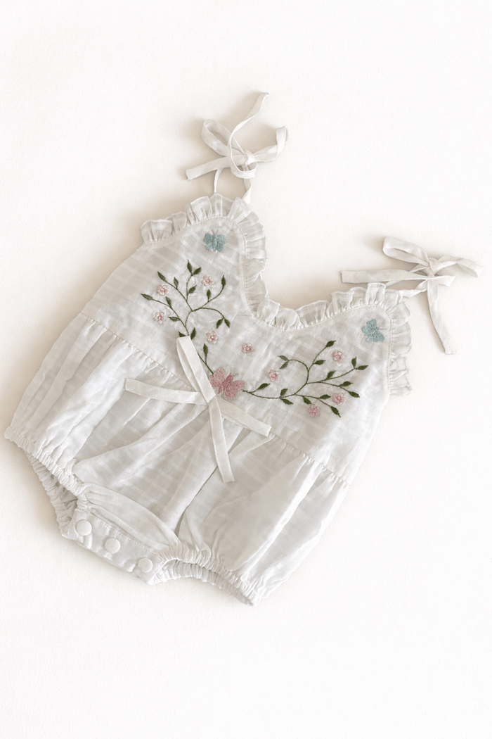 White Embroidered Spaghetti Ruffle Romper Butterfly