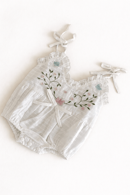 White Embroidered Spaghetti Ruffle Romper Butterfly