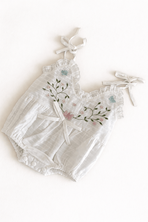 White Embroidered Spaghetti Ruffle Romper Butterfly