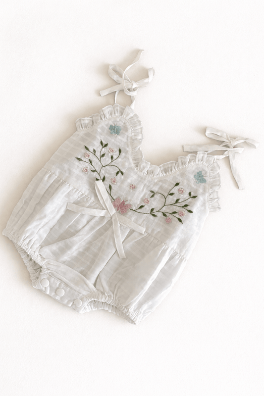 White Embroidered Spaghetti Ruffle Romper Butterfly