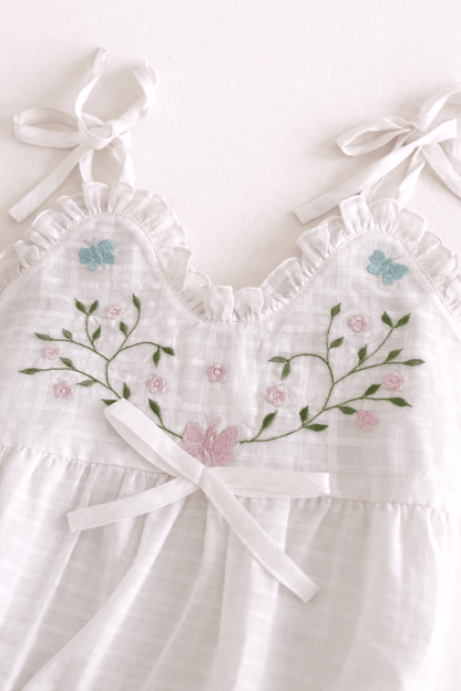 White Embroidered Spaghetti Ruffle Romper Butterfly