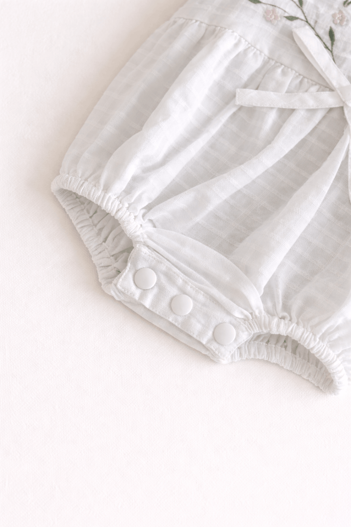 White Embroidered Spaghetti Ruffle Romper Butterfly