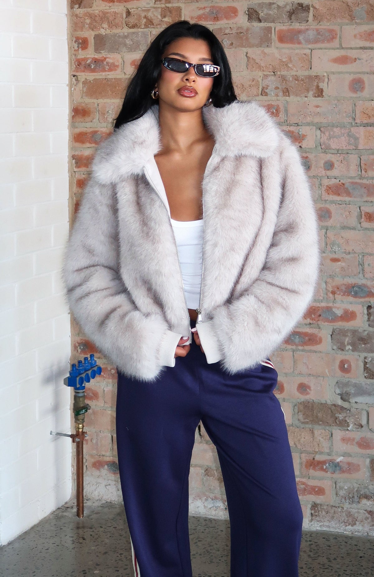 Glacial Chic Faux Fur Bomber Jacket Smokey Taupe