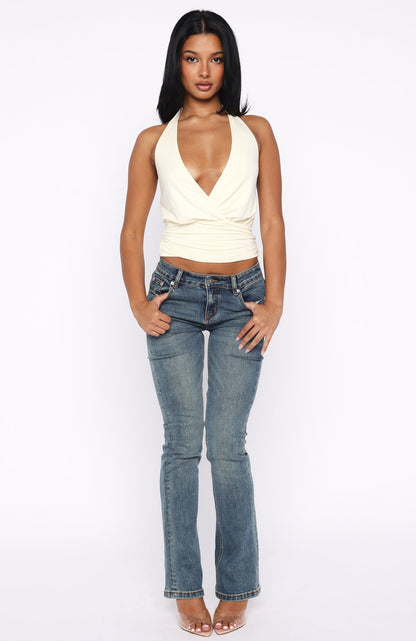 Show Stopping Cinched Waist Halter Top Cream