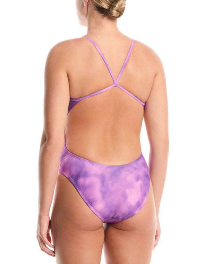 Nike women's Hydrastrong print cutout one-piece swimsuit in light magenta with stylish design and cutout details.