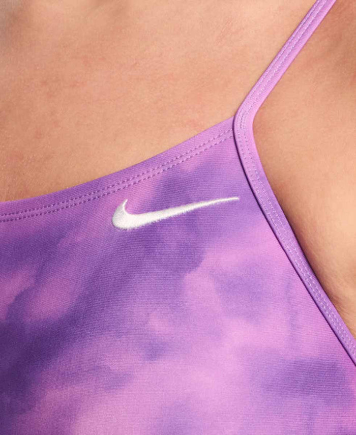 Nike women's Hydrastrong print cutout one-piece swimsuit in light magenta with bold design and sporty fit.