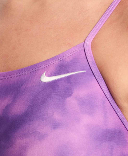 Nike women's Hydrastrong print cutout one-piece swimsuit in light magenta with bold design and sporty fit.