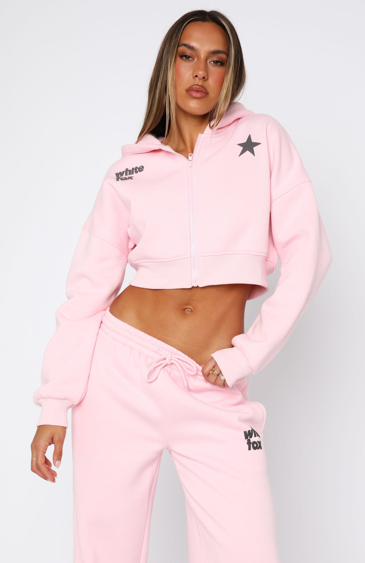 From The Archives Charli Cropped Zip Front Hoodie Pink